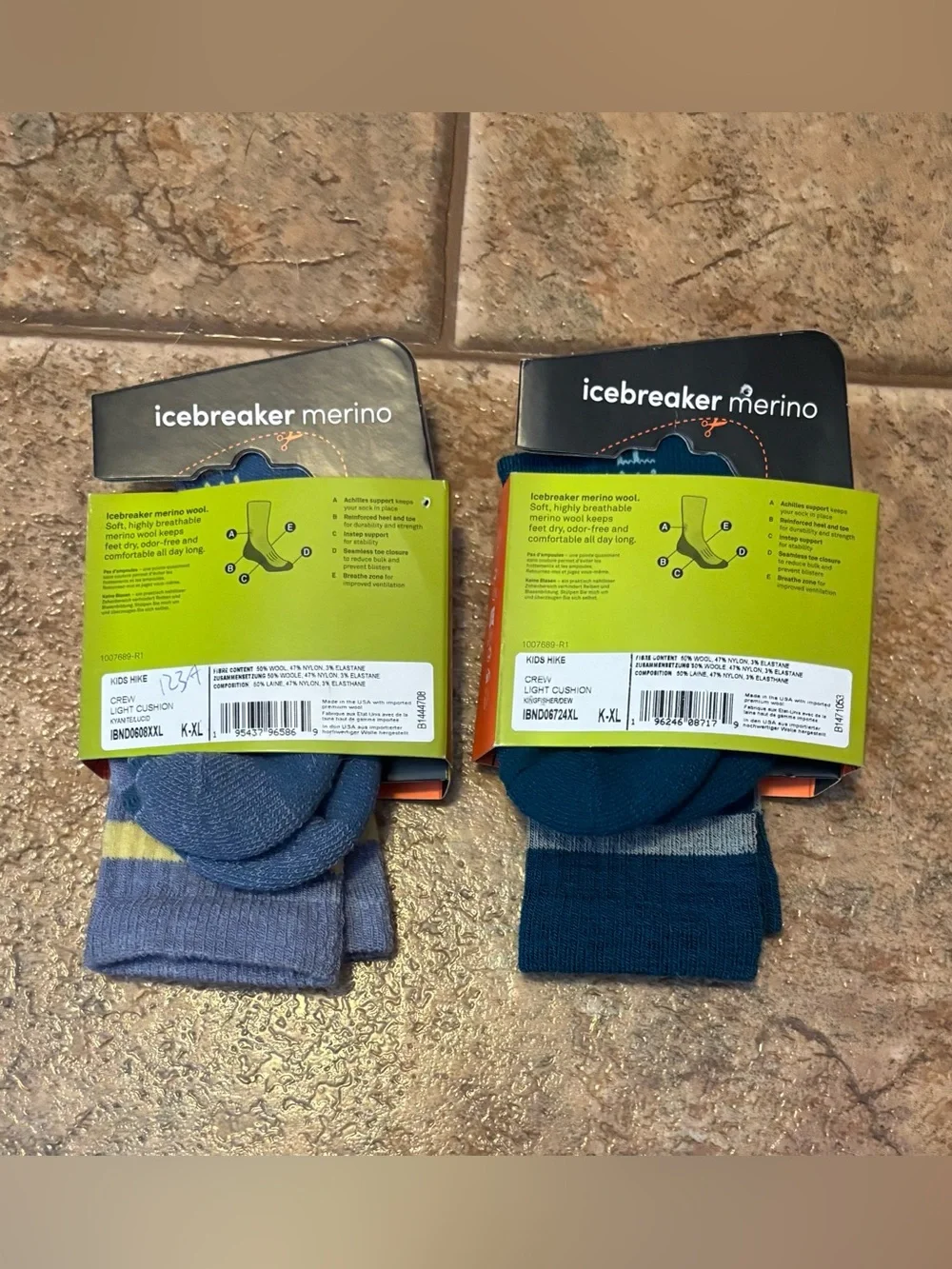 NWT *Bundle of 2 pairs* Icebreaker Merino wool blend Kids' Crew Socks sz XL